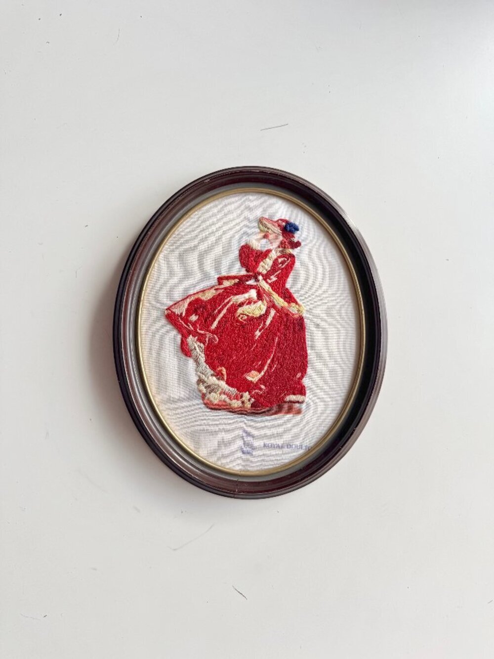 Vintage Crewel Embroidered Royal Doulton Lady in Red Framed Wall Art Artwork